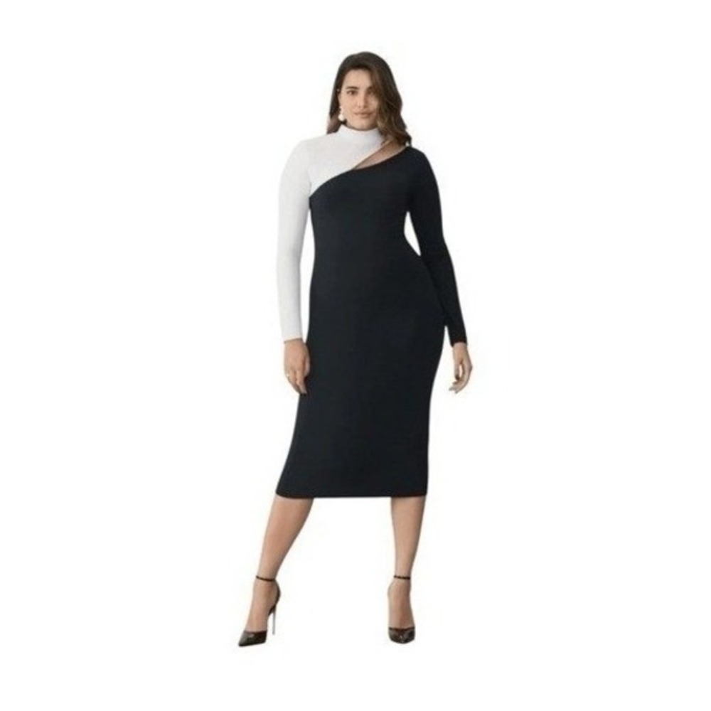 GSTQ Downtown Cutout Midi Dress Black & White‎ Colorblock Stretch Knit S